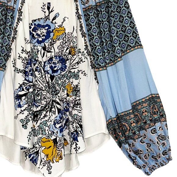 Free People Positano Printed Blouse Ivory Multi XS Boho Patchwork Balloon Sleeve - Picture 5 of 9